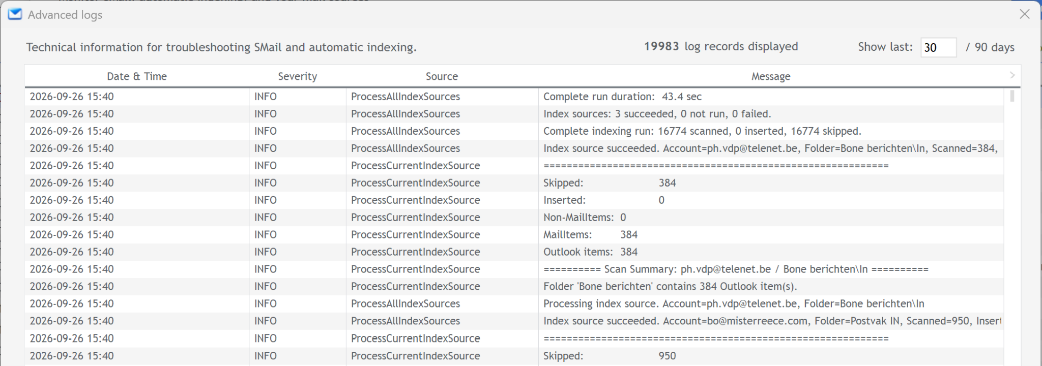 SMail Advanced logs window showing detailed indexing activity