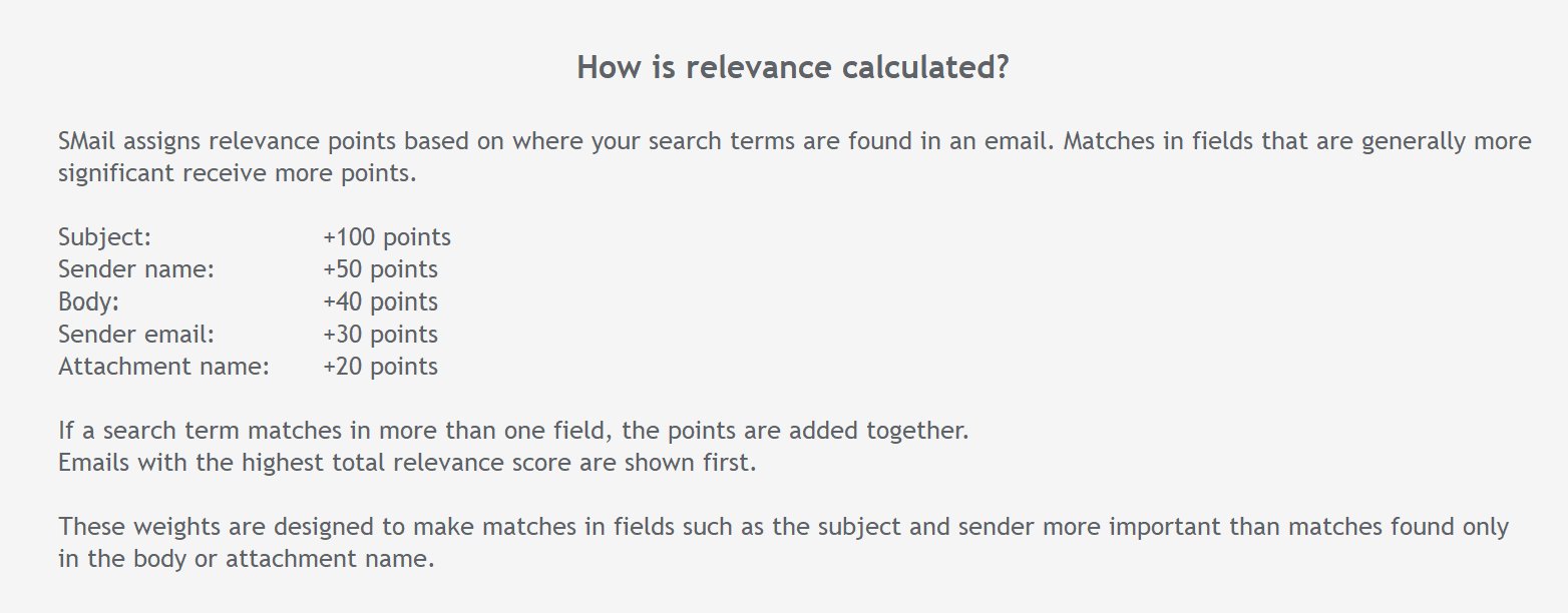 SMail relevance calculation explanation