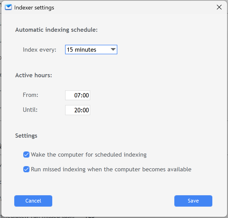 SMail automatic indexing schedule settings
