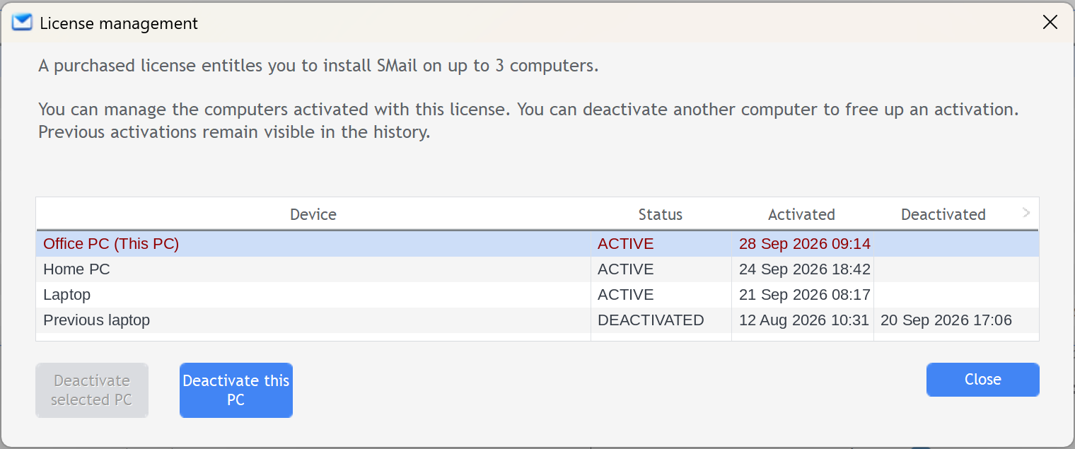 SMail License Management window