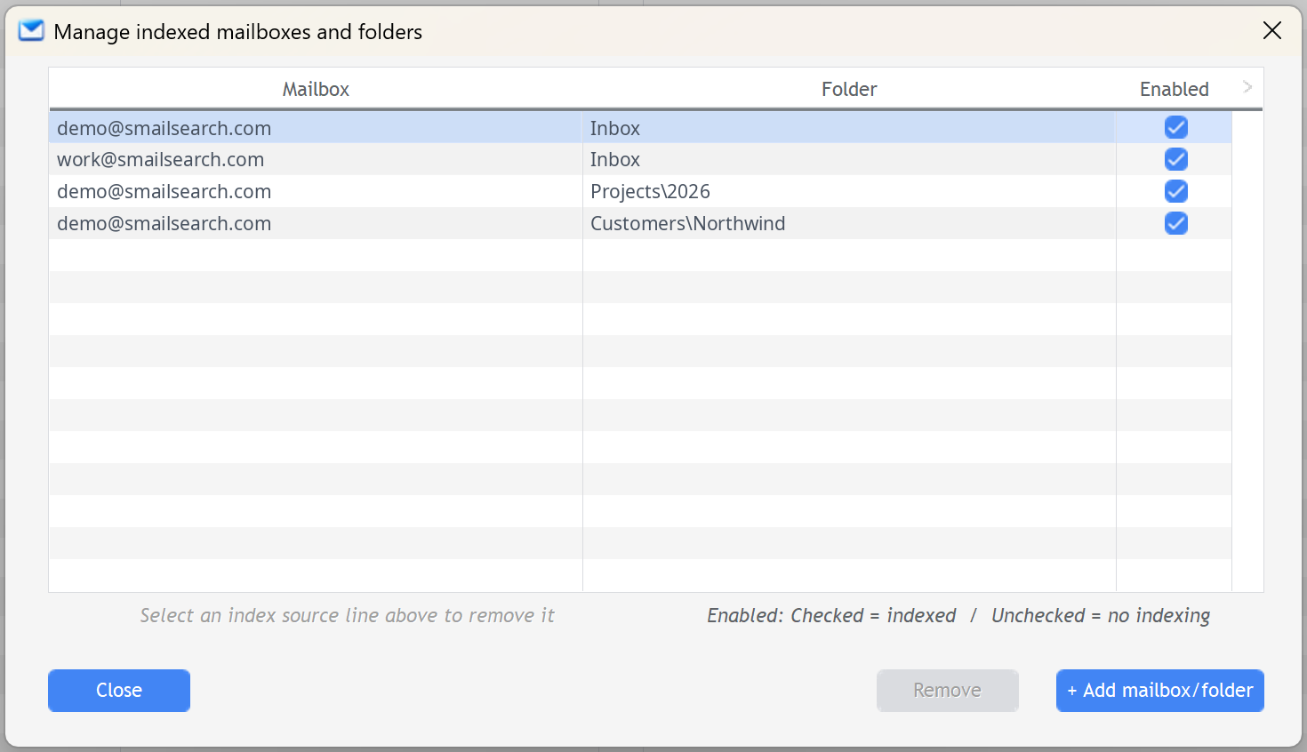 SMail Manage indexed mailboxes and folders window