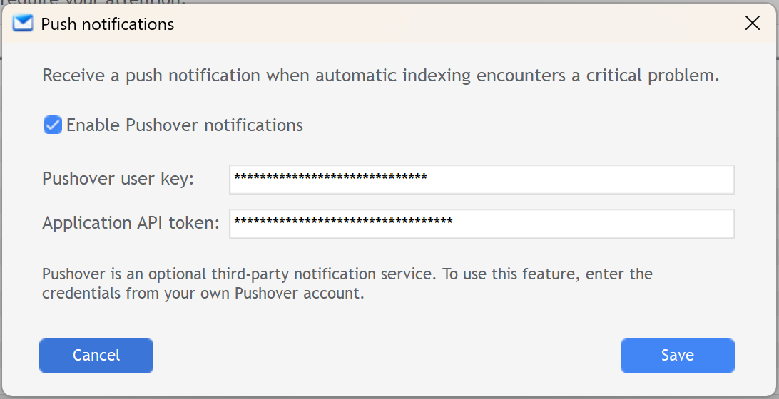 SMail Push notifications settings for optional Pushover alerts