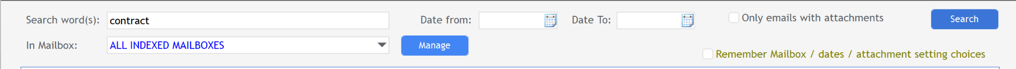 SMail search controls with search words, mailbox, dates and attachment filter