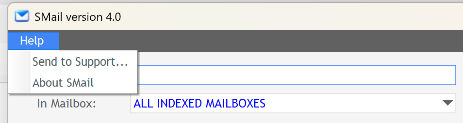 SMail Help menu showing Send to Support